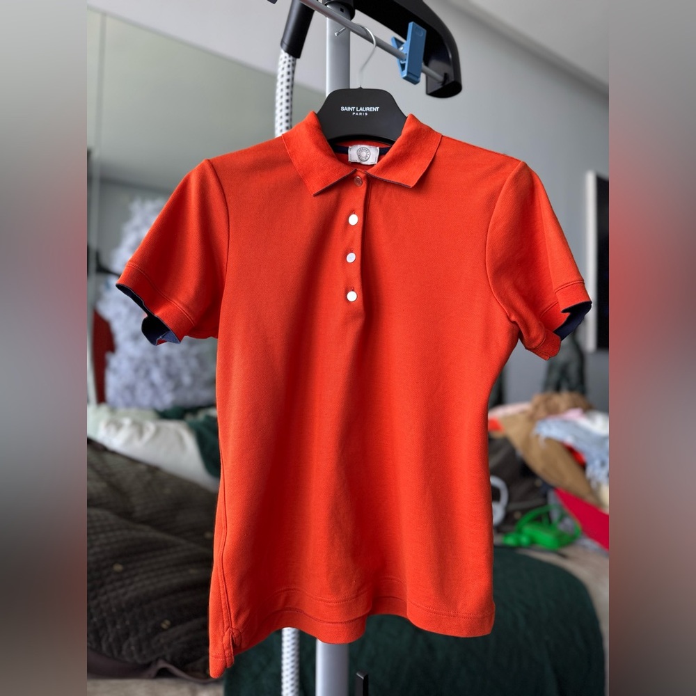 Hermes Women’s Double Jeu Polo Orange Feu w/ Navy Edging, Size M